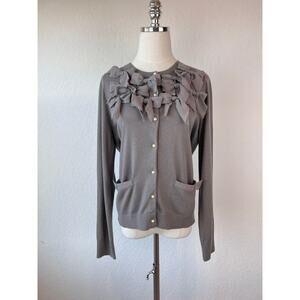 Ann Taylor Taupe Bow Pearl Button Up Cardigan Sweater size L Merino Wool Blend